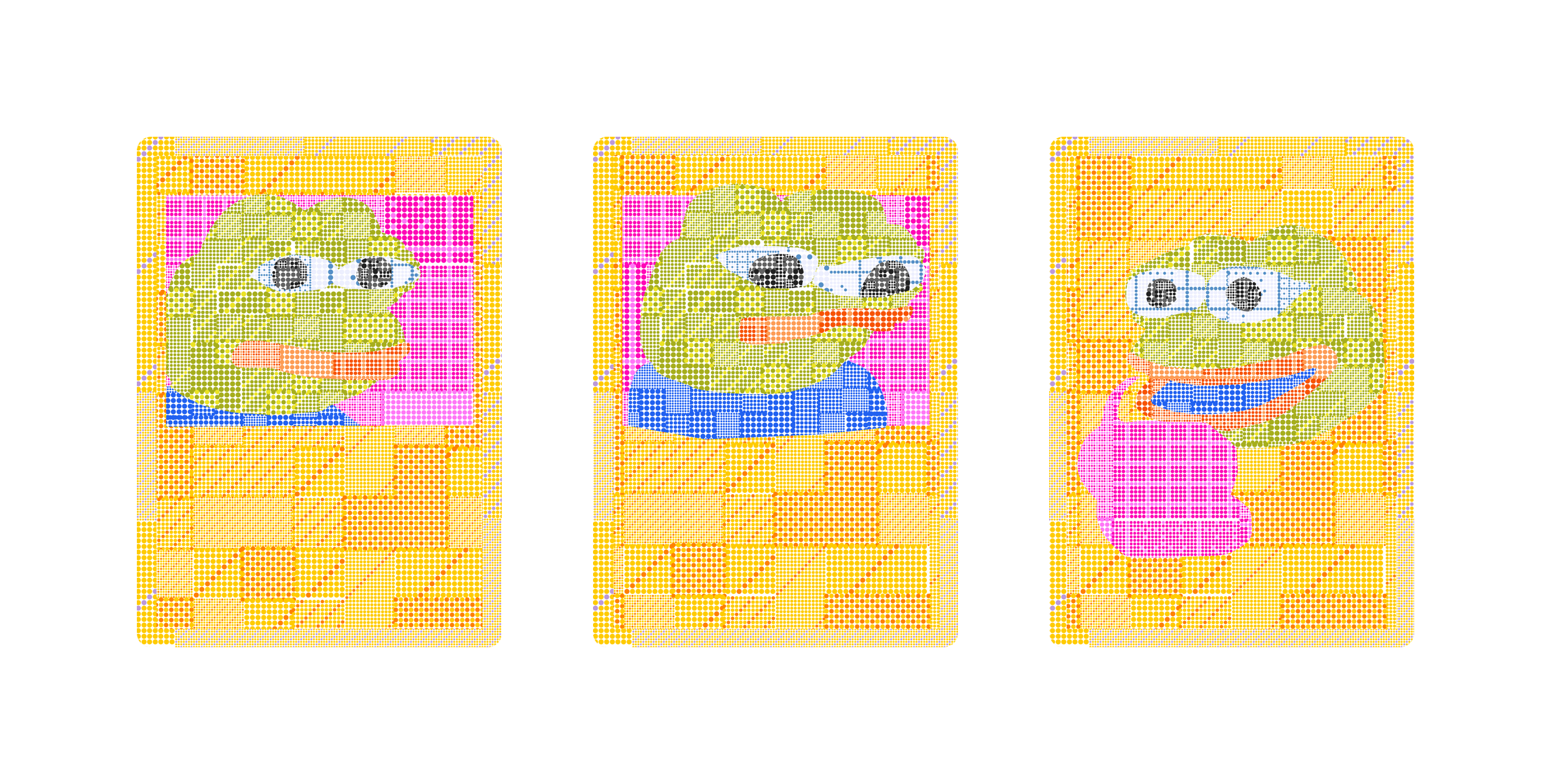 Triptych of stippled pepe cards.